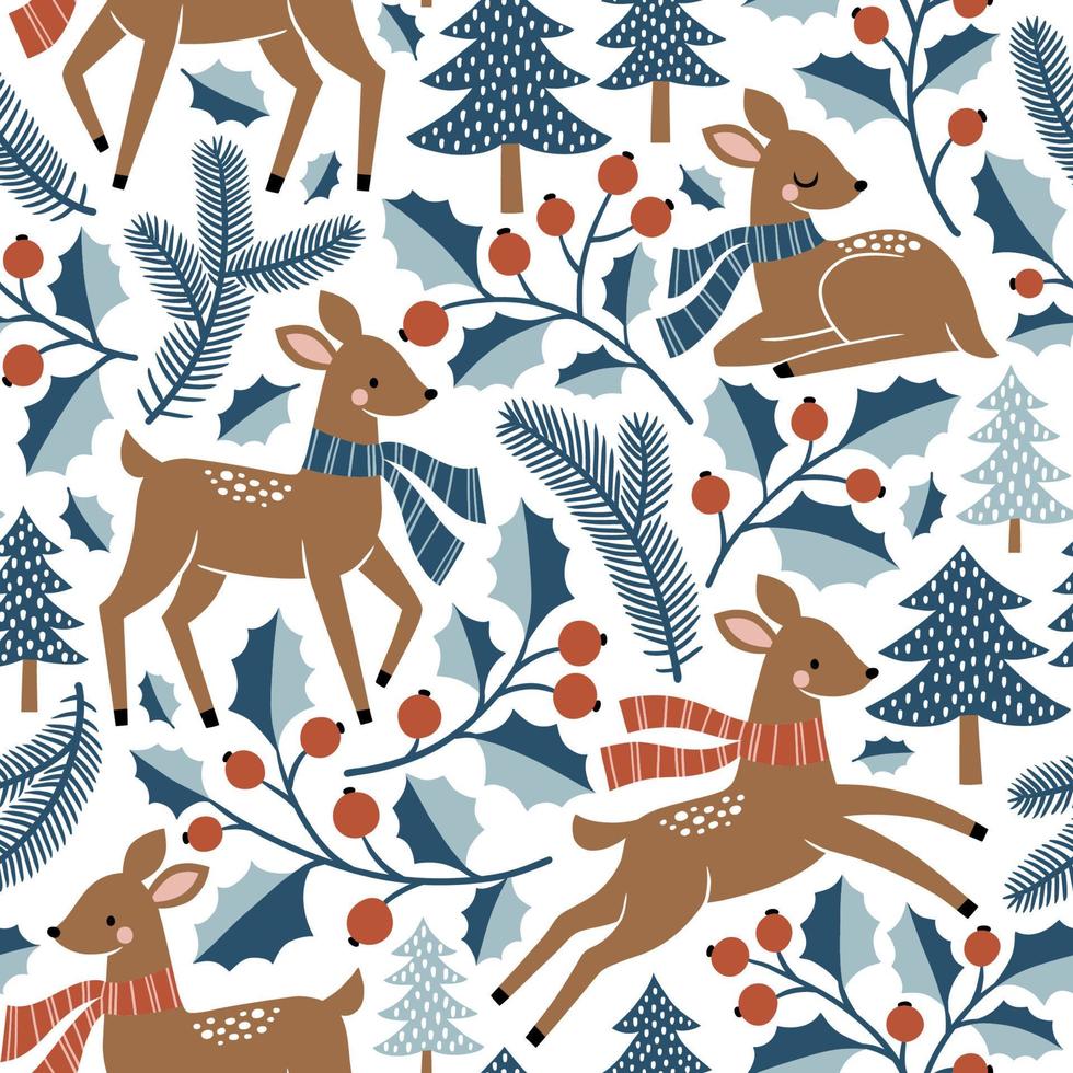 Seamless pattern with cute deer, pine trees and berries on white background. vector
