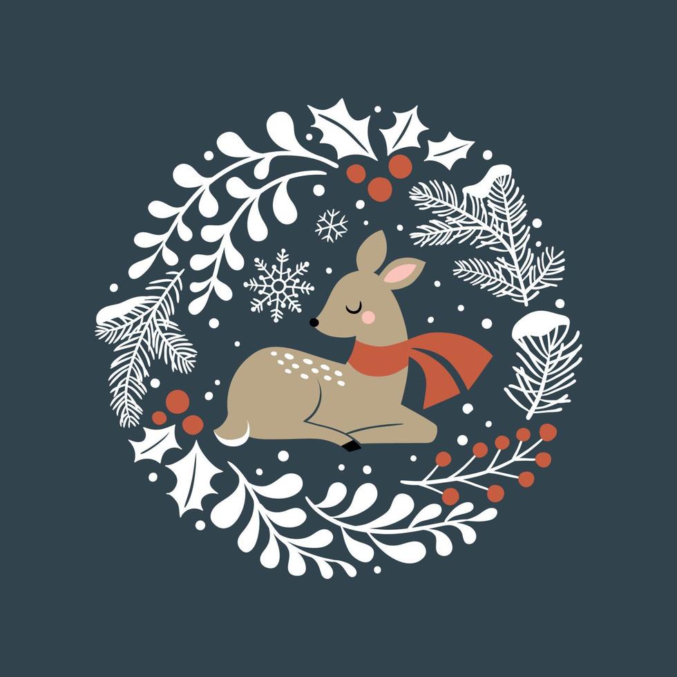 Cute hand drawn vector deer in wreath. Perfect for tee shirt logo, greeting card, poster, invitation or print design.
