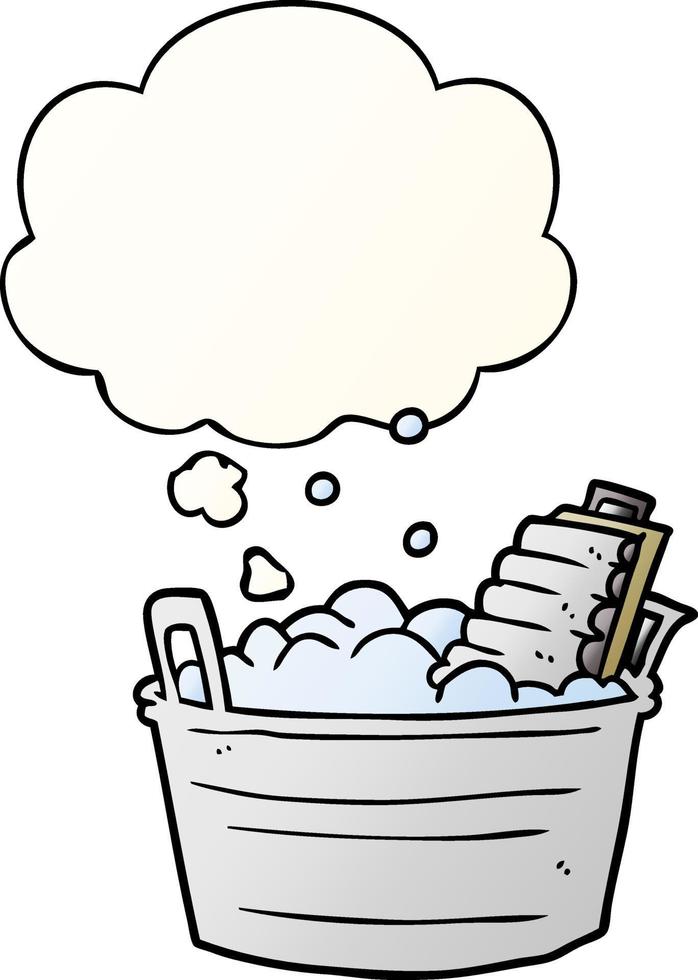 cartoon old washboard and bucket and thought bubble in smooth gradient style vector