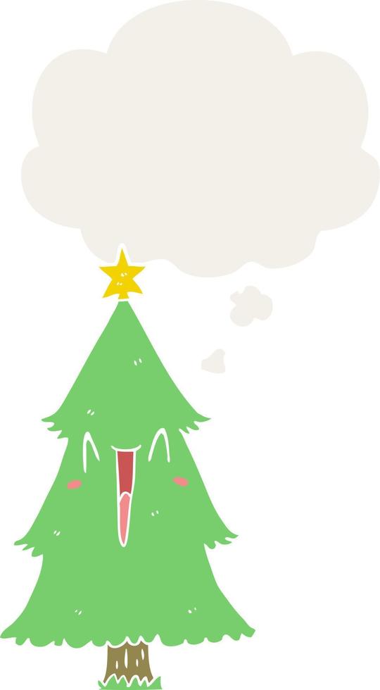 cartoon christmas tree and thought bubble in retro style vector