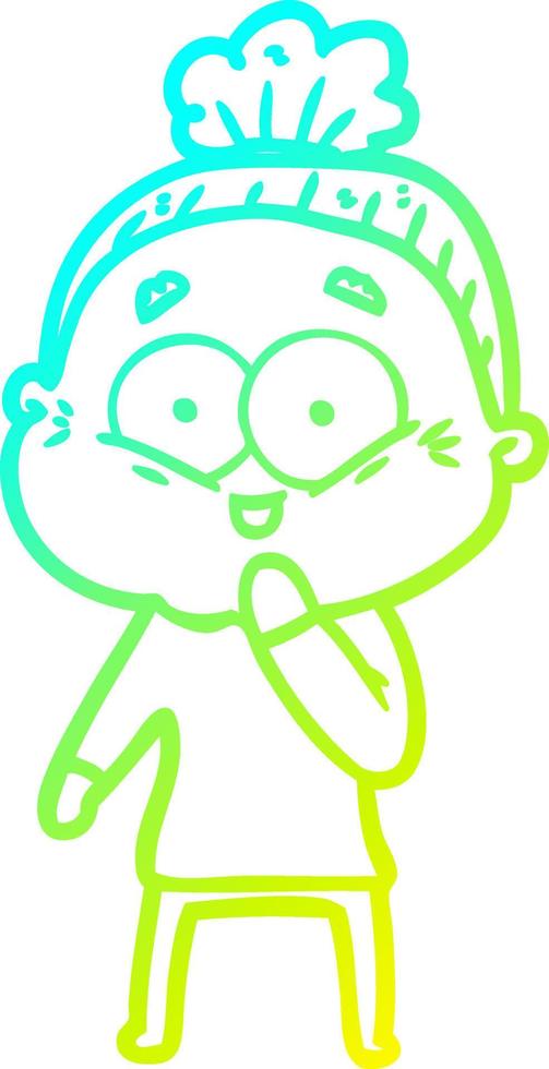 cold gradient line drawing cartoon happy old woman vector