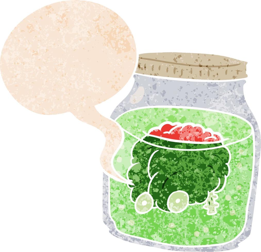 cartoon spooky brain in jar and speech bubble in retro textured style vector