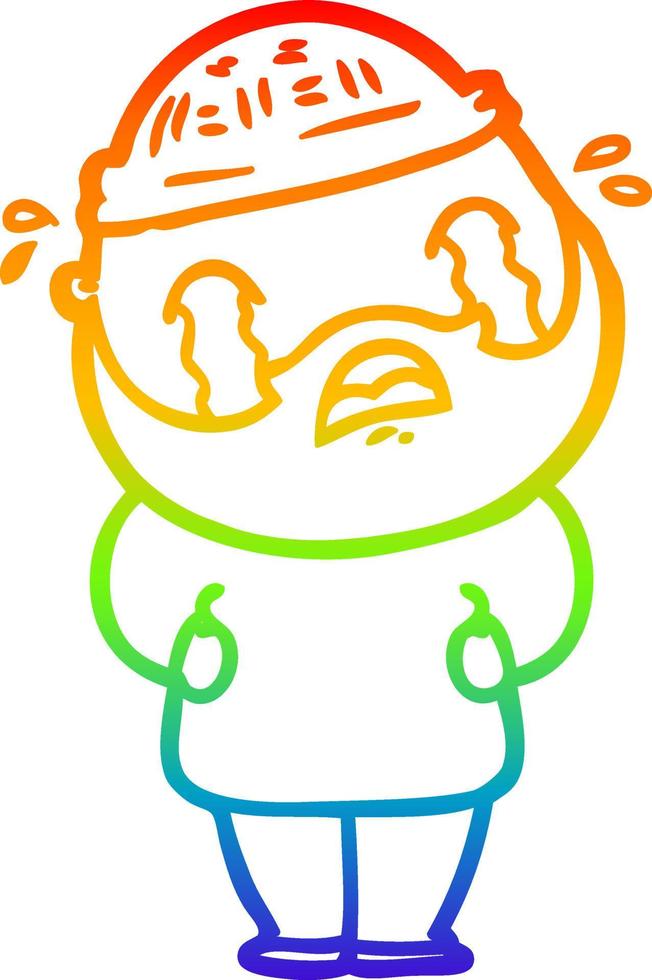 rainbow gradient line drawing cartoon bearded man crying vector