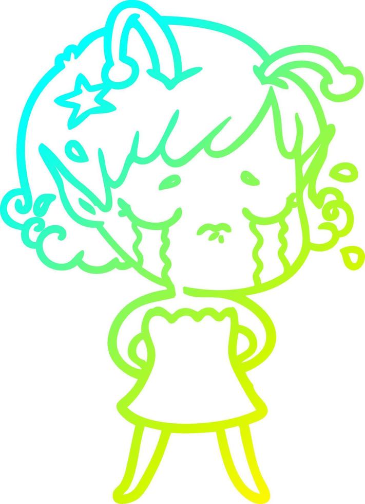 cold gradient line drawing cartoon crying alien girl vector