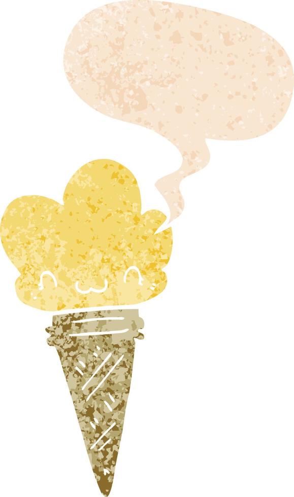cartoon ice cream with face and speech bubble in retro textured style vector