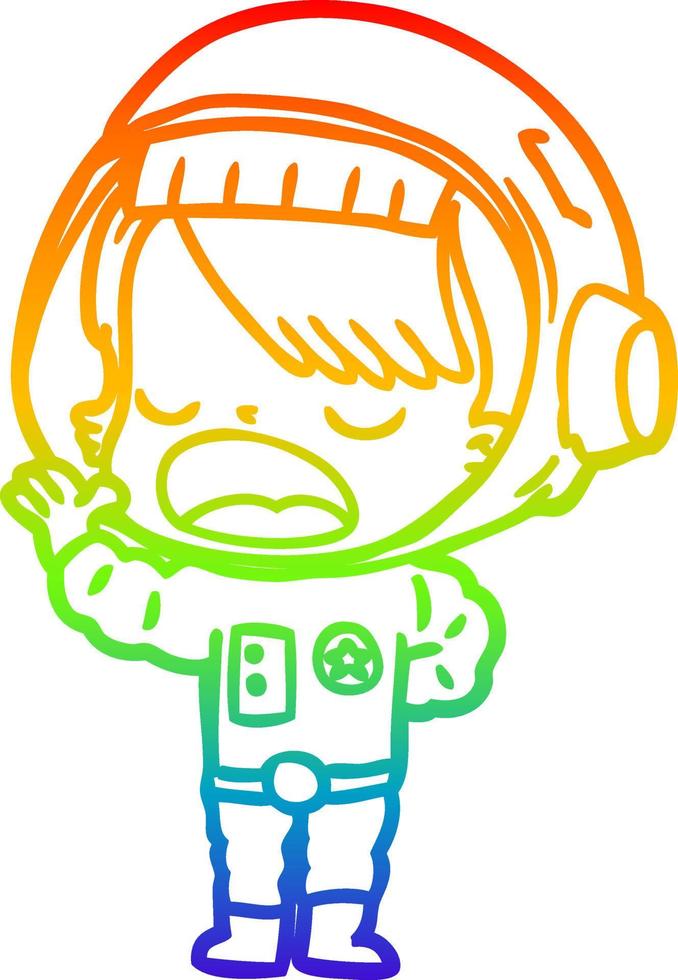 rainbow gradient line drawing cartoon astronaut woman explaining vector
