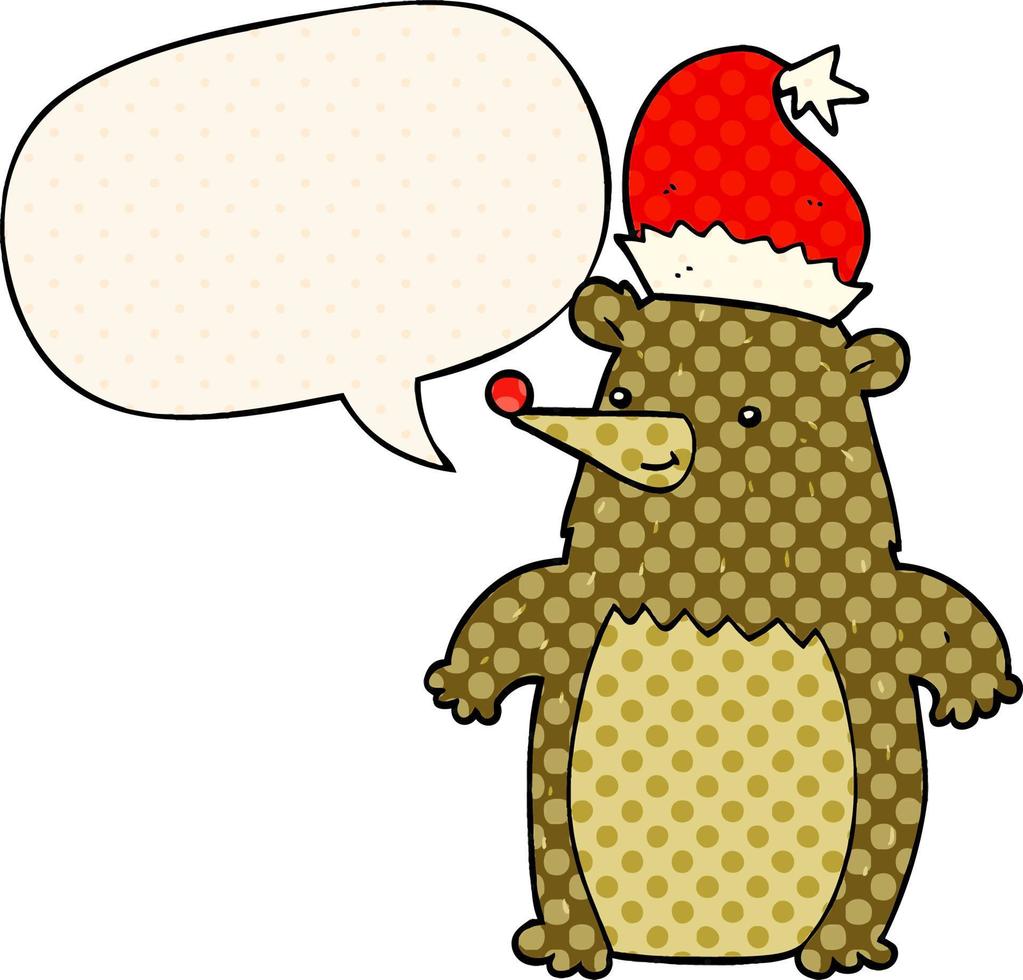 cartoon bear wearing christmas hat and speech bubble in comic book style vector