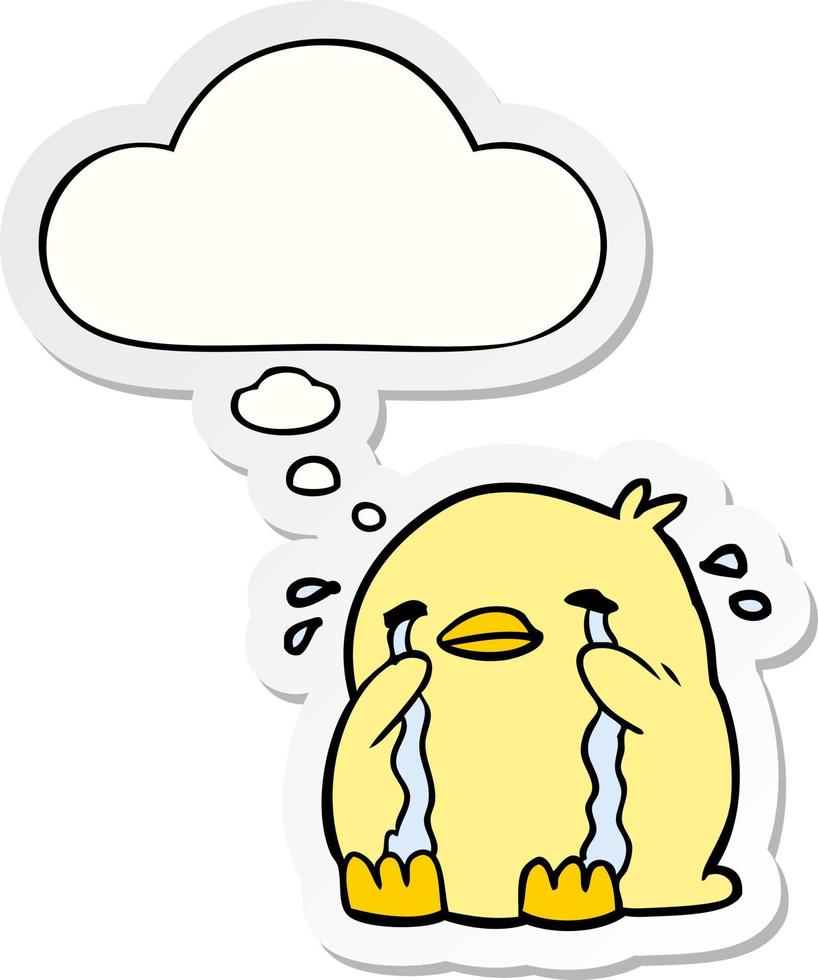 cartoon crying bird and thought bubble as a printed sticker vector