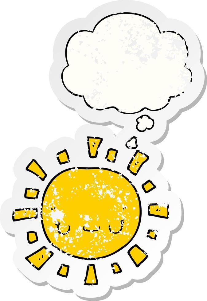 cartoon sun and thought bubble as a distressed worn sticker vector