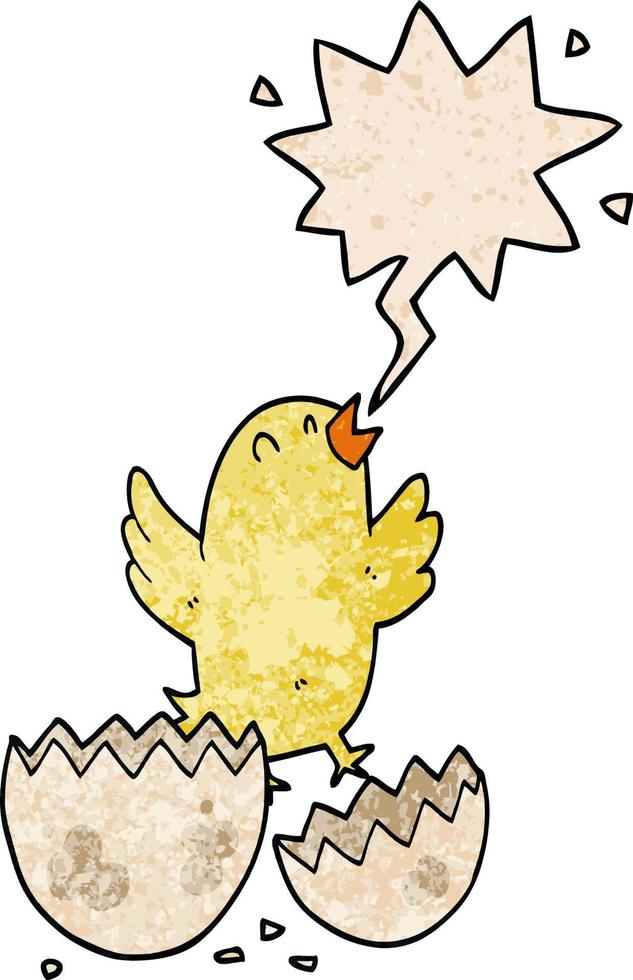cartoon bird hatching from egg and speech bubble in retro texture style vector