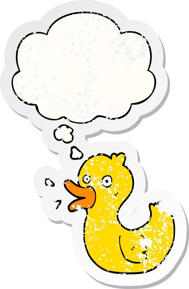 cartoon quacking duck and thought bubble as a distressed worn sticker vector