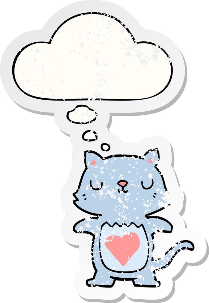 cute cartoon cat and thought bubble as a distressed worn sticker vector