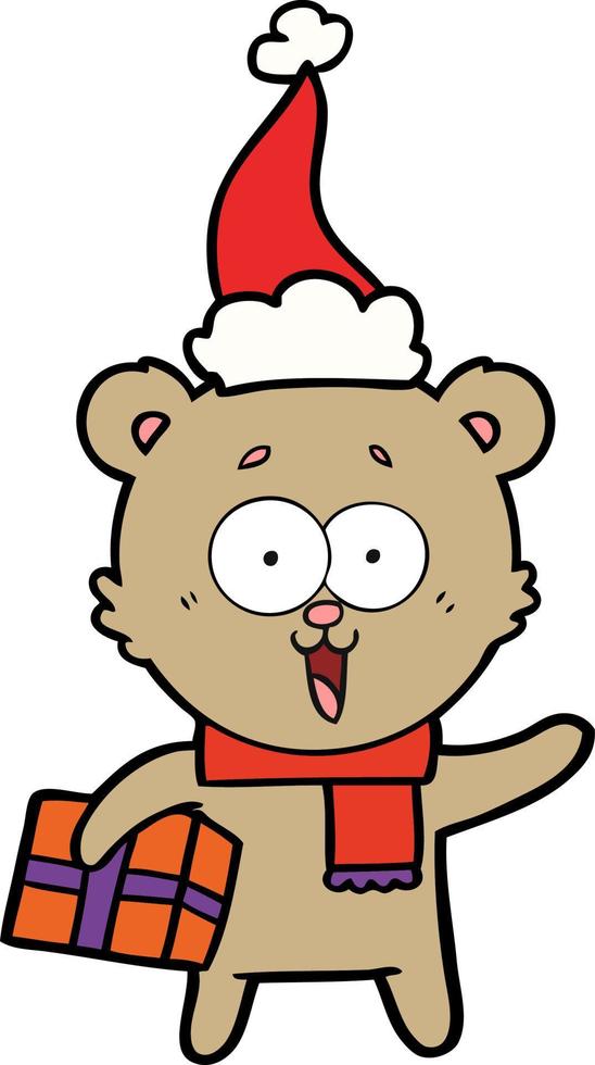laughing teddy  bear with christmas present wearing santa hat vector