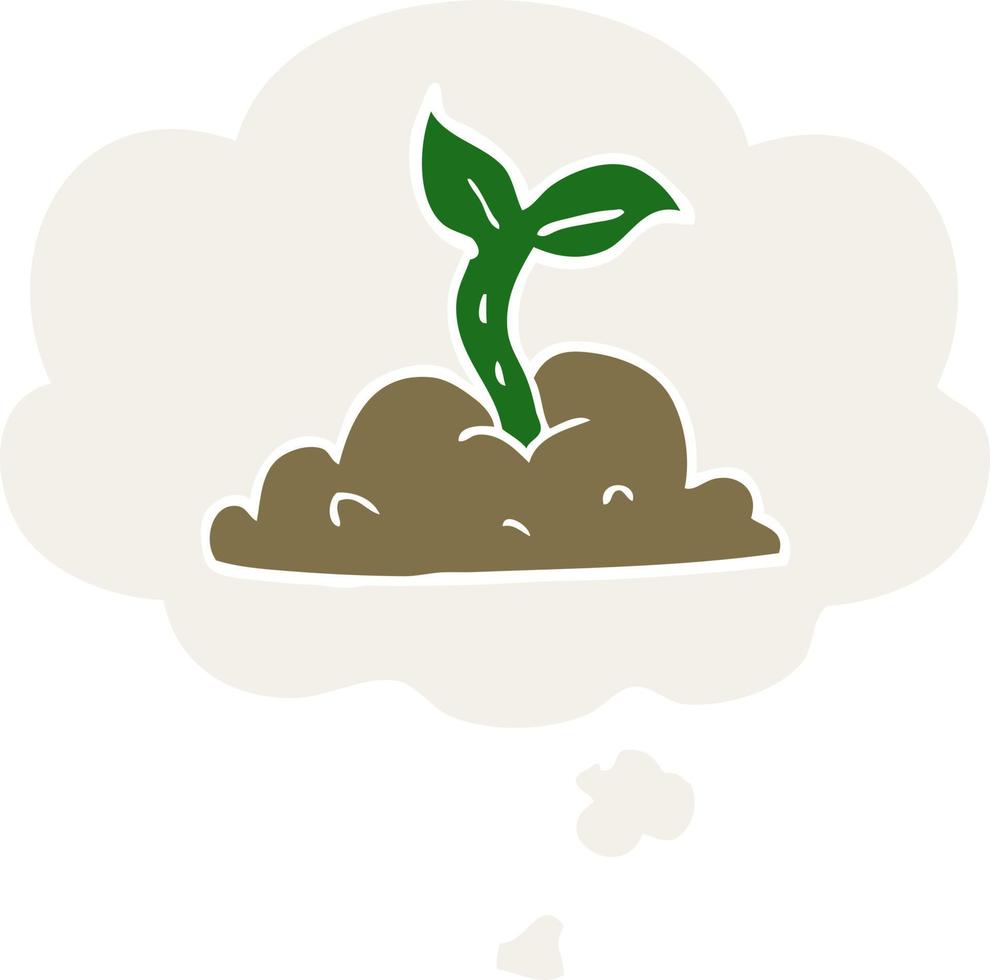 cartoon growing seedling and thought bubble in retro style vector