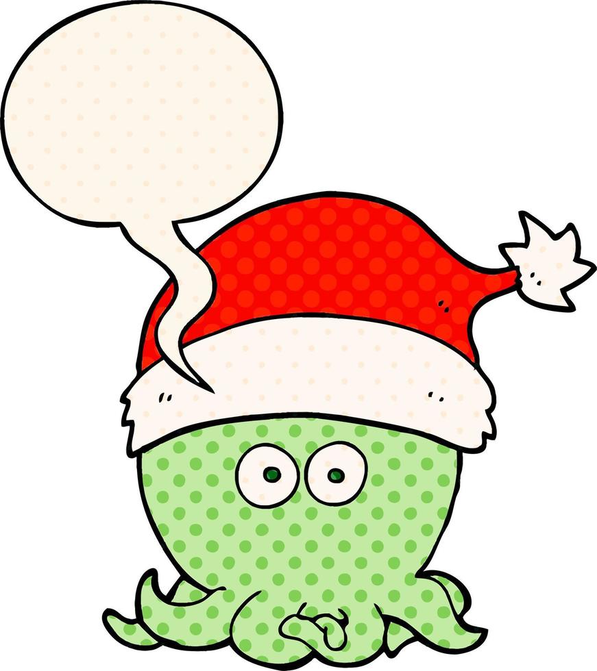 cartoon octopus wearing christmas hat and speech bubble in comic book style vector