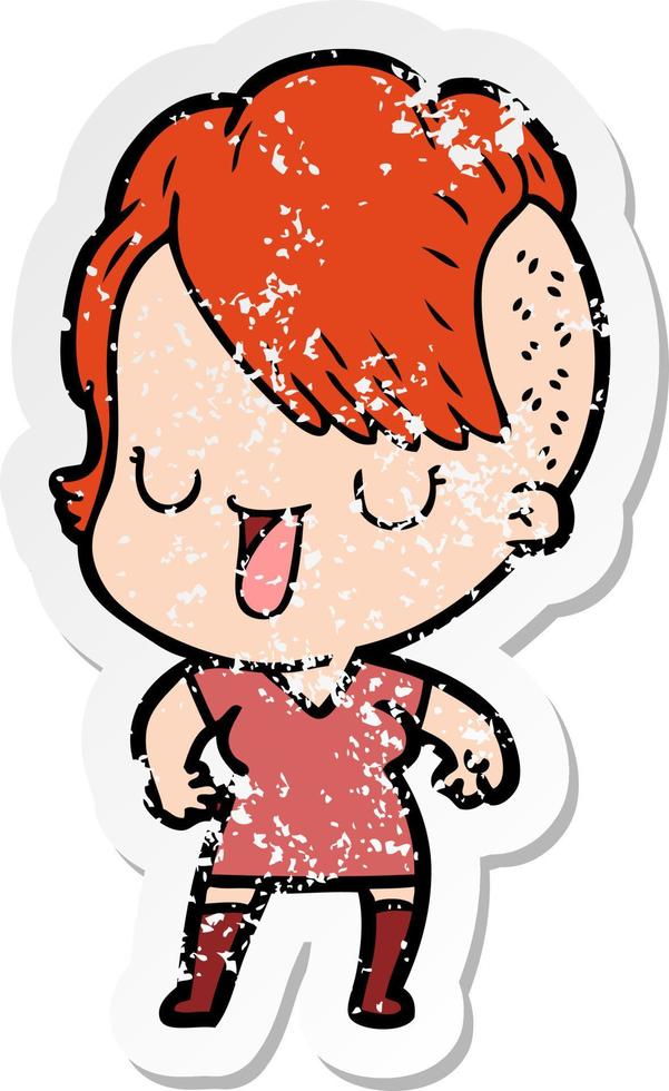 distressed sticker of a cute cartoon girl with hipster haircut vector