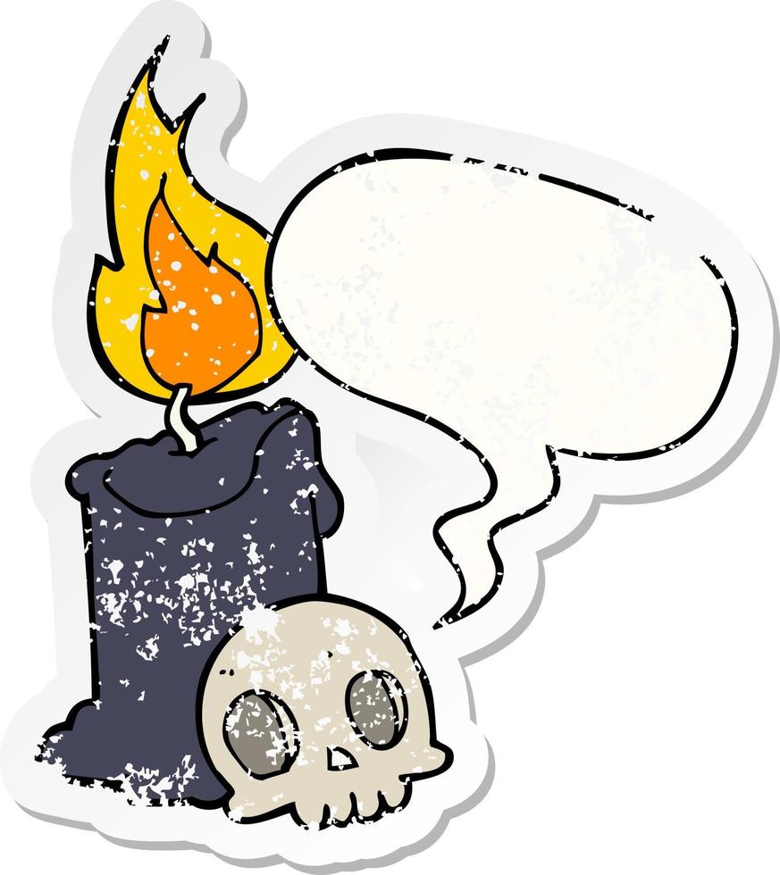 cartoon skull and candle and speech bubble distressed sticker vector