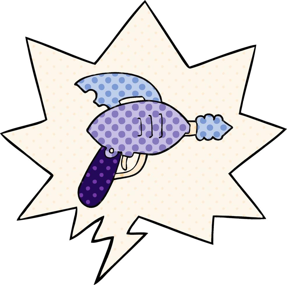 cartoon ray gun and speech bubble in comic book style vector