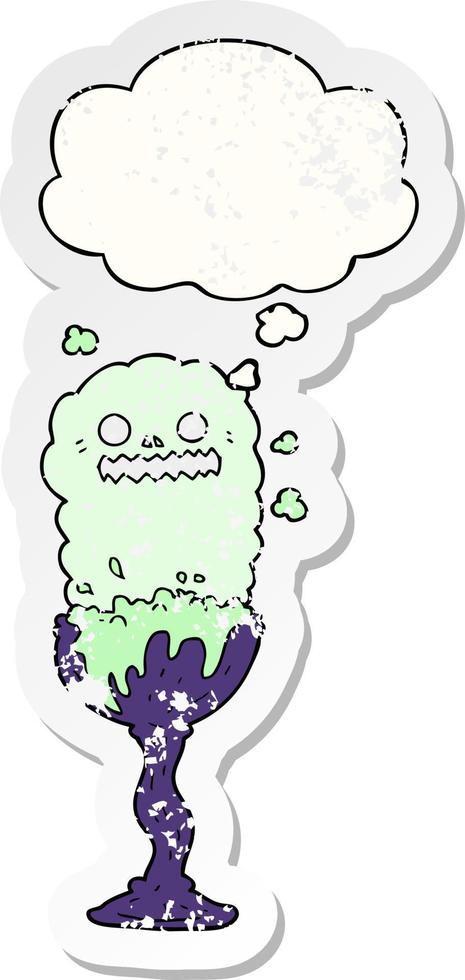 cartoon spooky halloween potion cup and thought bubble as a distressed worn sticker vector