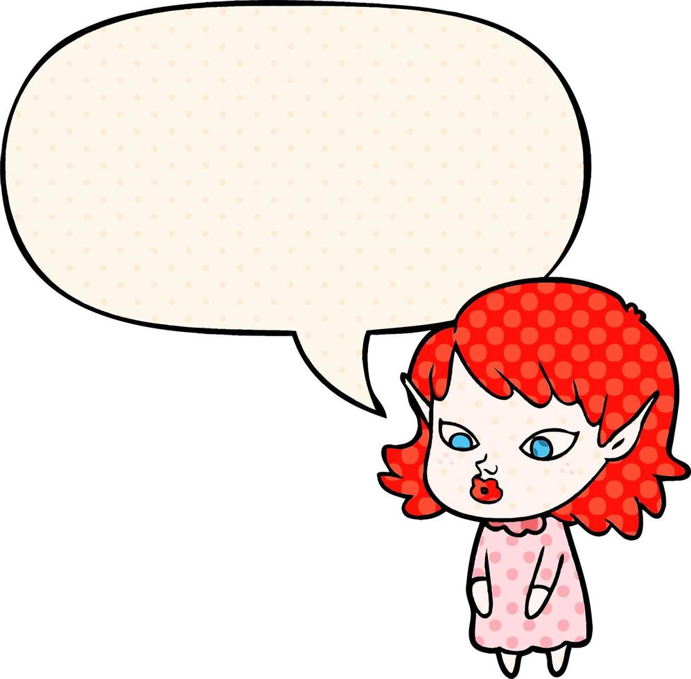 cartoon elf girl and pointy ears and speech bubble in comic book style vector