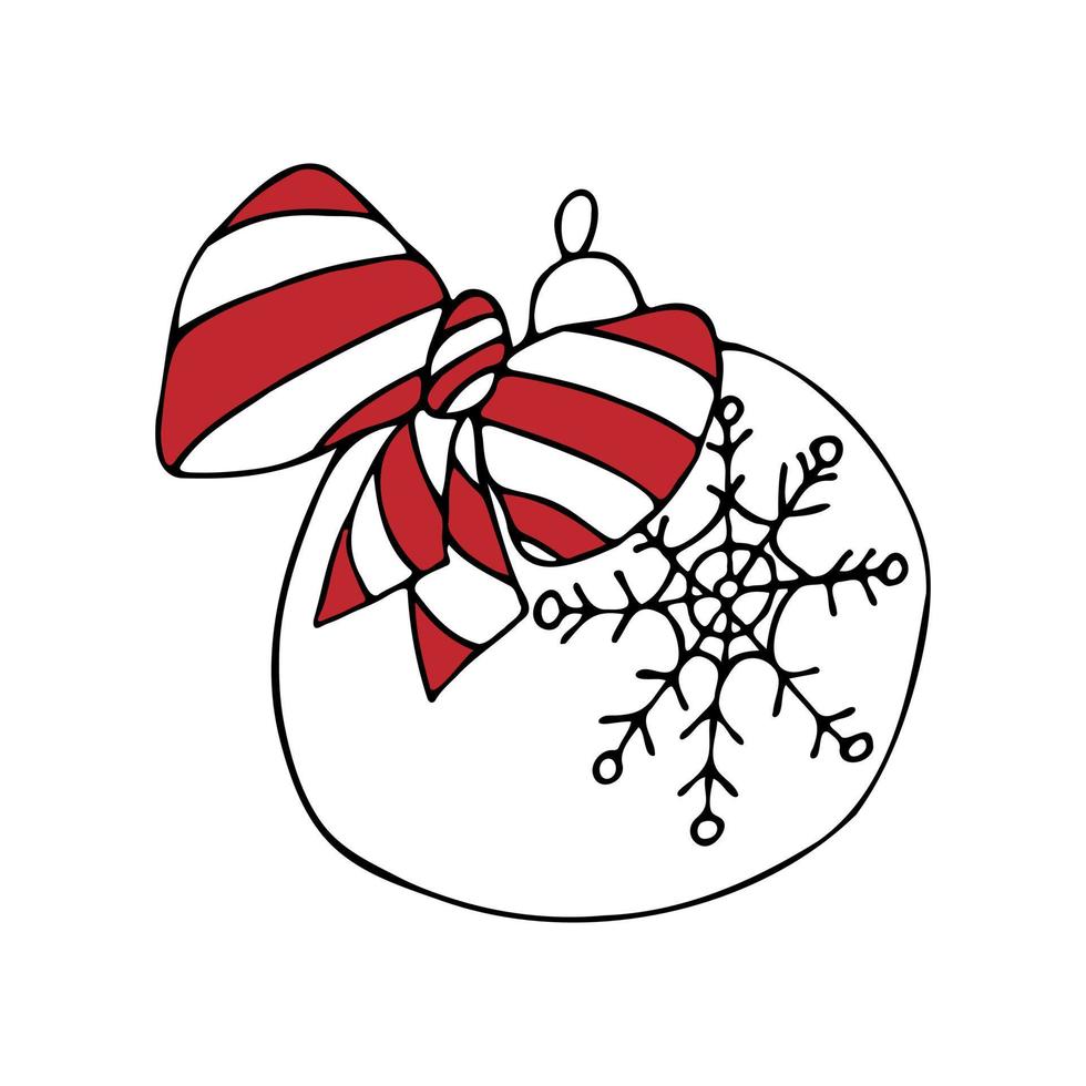 Christmas ball with snowflake and bow. Christmas tree ball hand drawn in doodle style isolated on white background. Vector illustration.