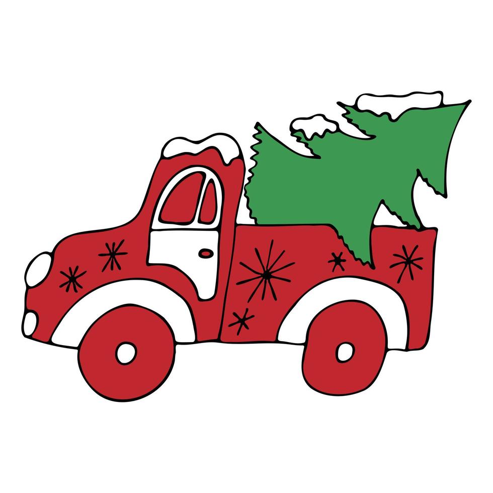 Christmas pickup truck with a Christmas tree. Red Christmas truck with a green Christmas tree hand drawn on a white background. Vector illustration.