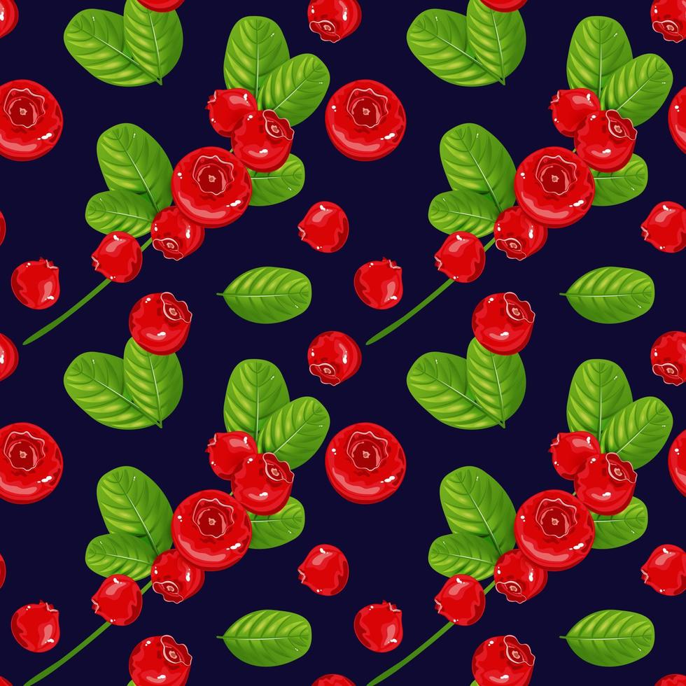 Seamless pattern with red berries and green leaves on a dark background. Background with cowberry for fabric, wallpaper or packaging. Vector illustration.