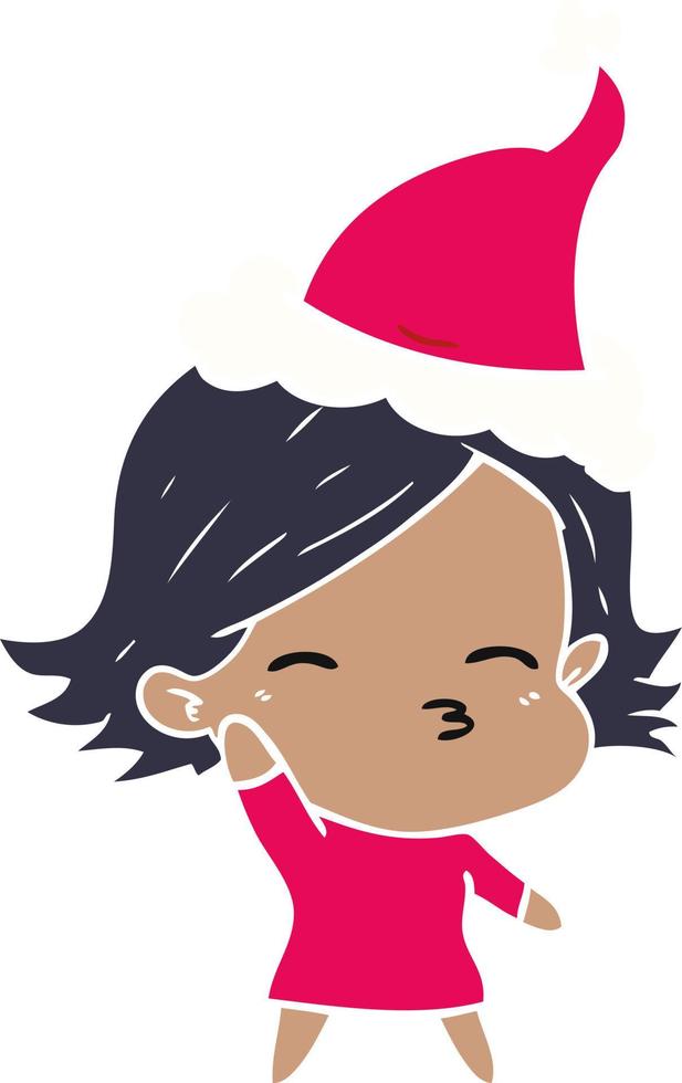 flat color illustration of a woman wearing santa hat vector