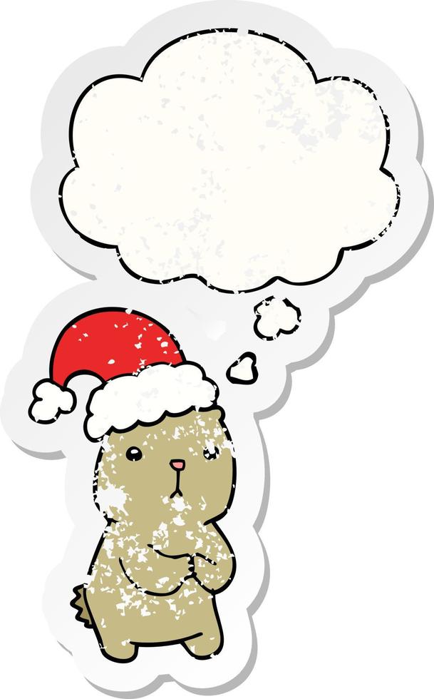 cartoon christmas bear worrying and thought bubble as a distressed worn sticker vector