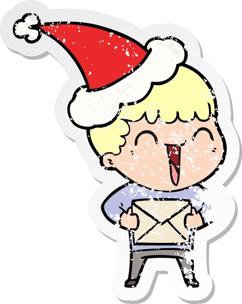 distressed sticker cartoon of a happy man wearing santa hat vector