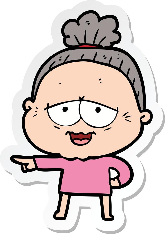 sticker of a cartoon happy old lady vector