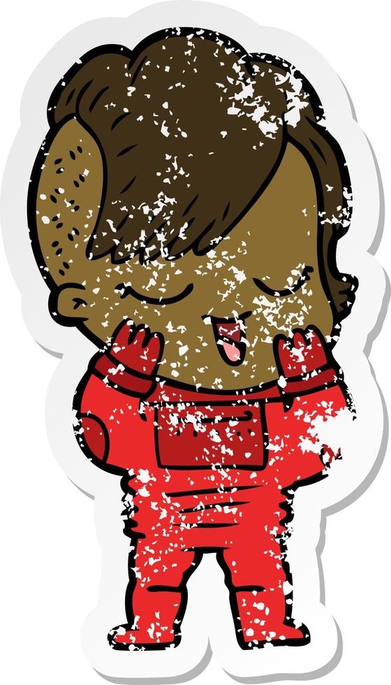 distressed sticker of a happy cartoon girl in space suit vector