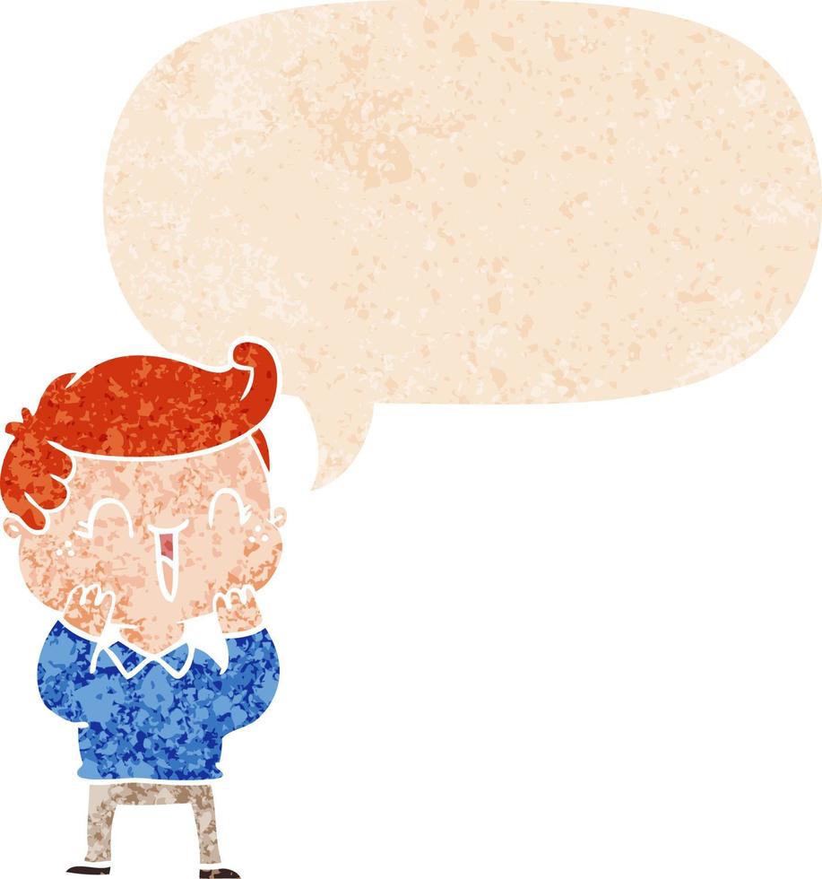 cartoon laughing boy and speech bubble in retro textured style vector