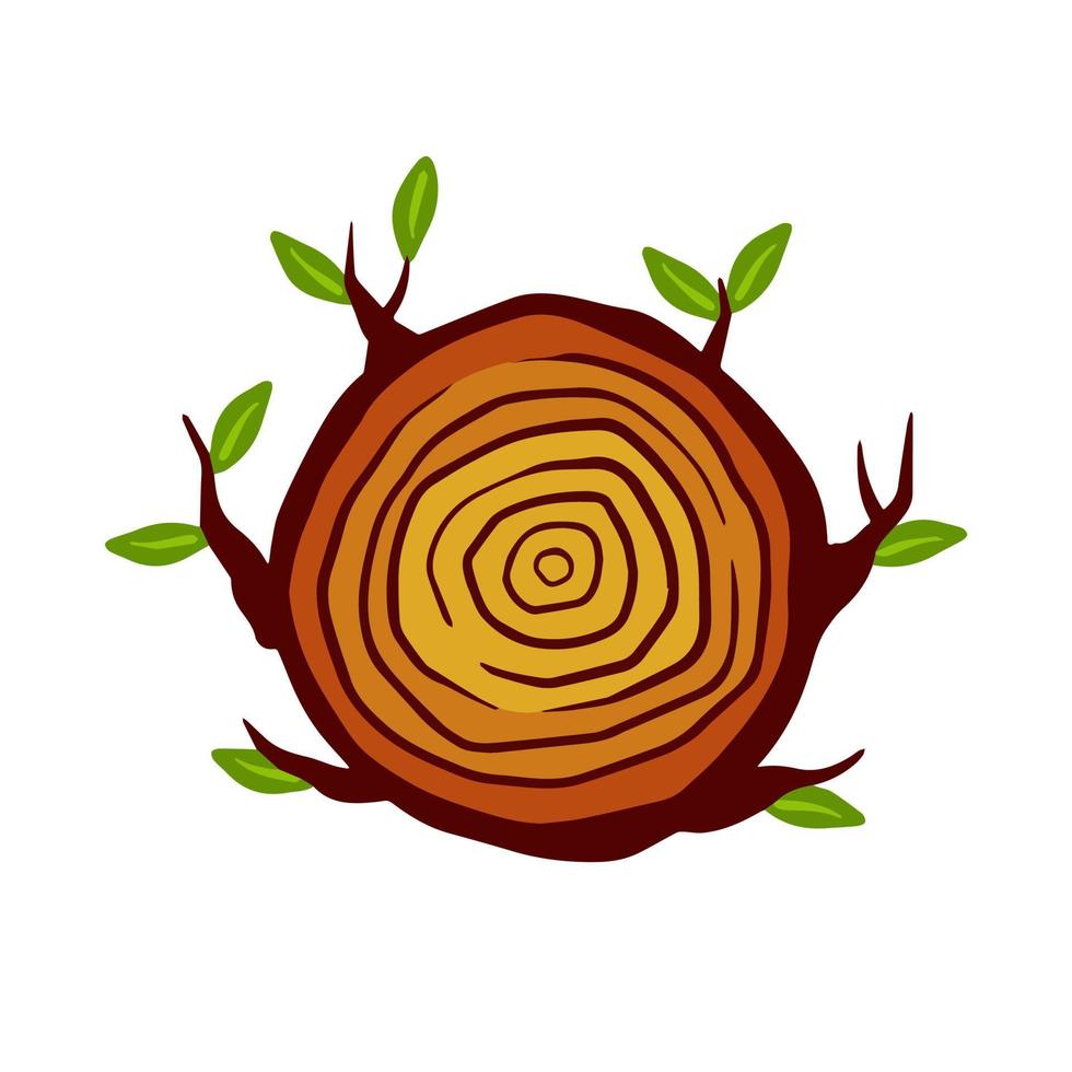 tronco de árbol cortado. sección transversal del tocón. patrón circular concéntrico en madera marrón. maderero e icono de la industria de la carpintería. rama con hojas vector