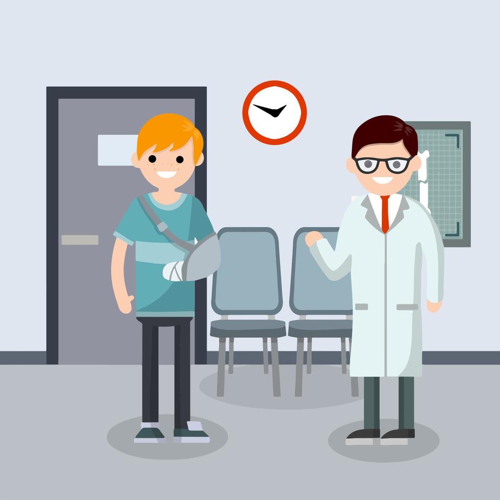 Man with broken arm in cast in hospital room. The provision of medical care by doctor. Hall, seat and door. Guy and x-ray bone of hand. Cartoon flat illustration. vector
