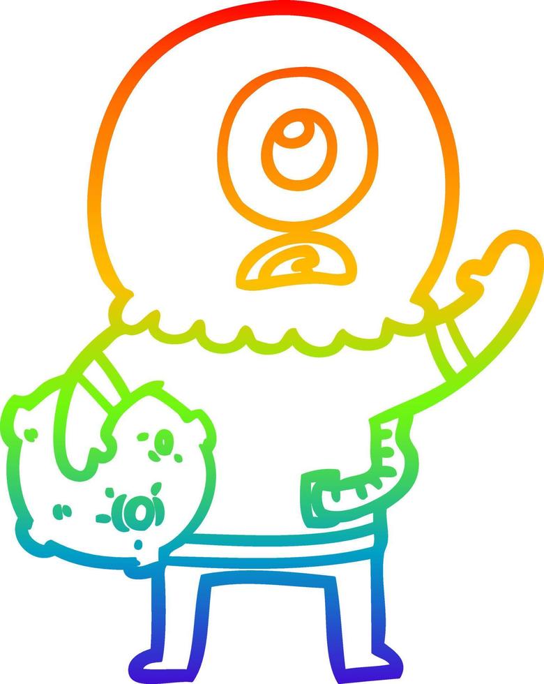 rainbow gradient line drawing cartoon cyclops alien spaceman waving vector