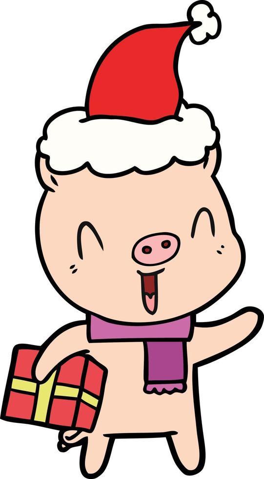 dibujo de línea feliz de un cerdo con regalo de navidad con sombrero de santa vector
