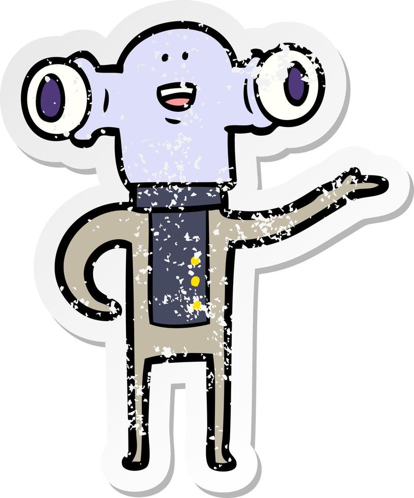 distressed sticker of a friendly cartoon alien gesturing vector