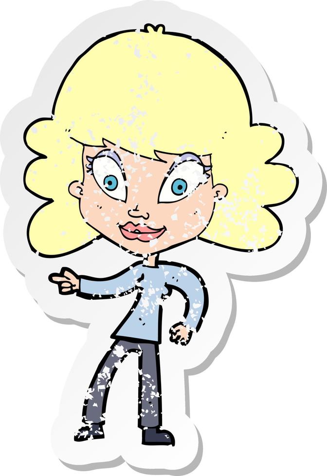 retro distressed sticker of a cartoon woman pointing vector