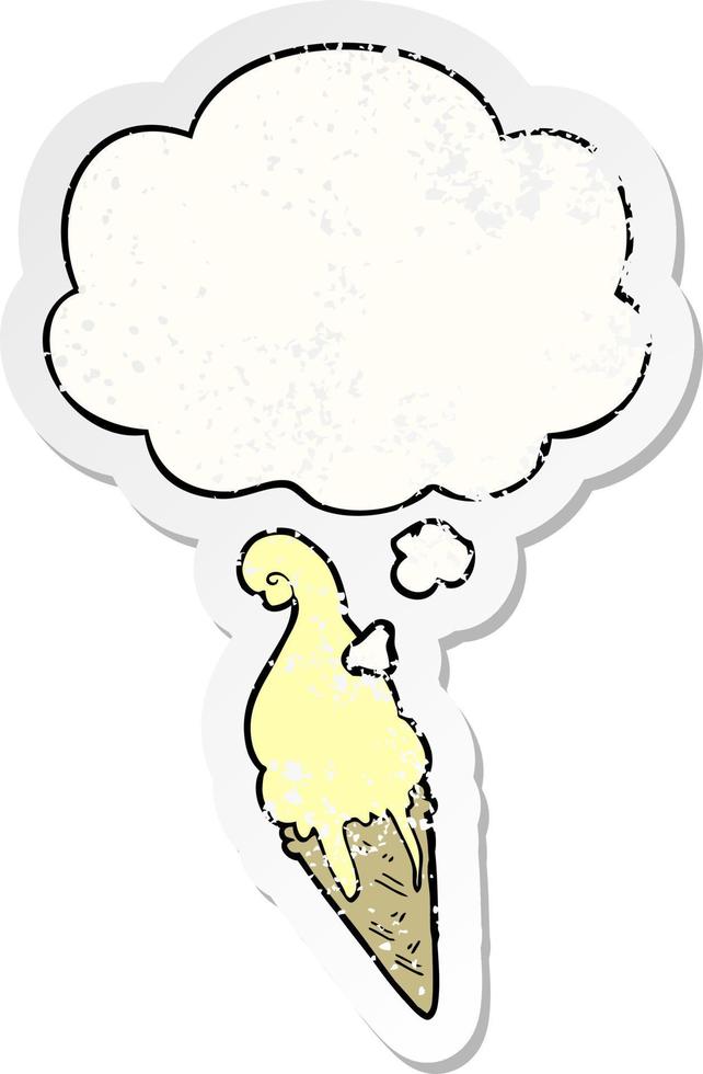 cartoon ice cream and thought bubble as a distressed worn sticker vector