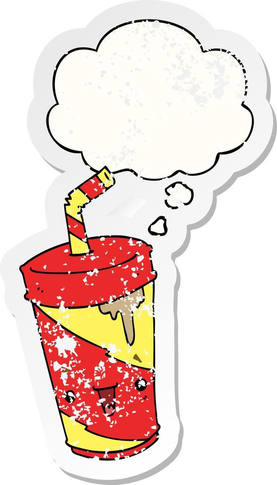 cute cartoon soda and thought bubble as a distressed worn sticker vector