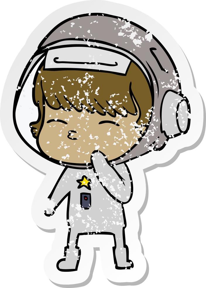 distressed sticker of a cartoon curious astronaut vector