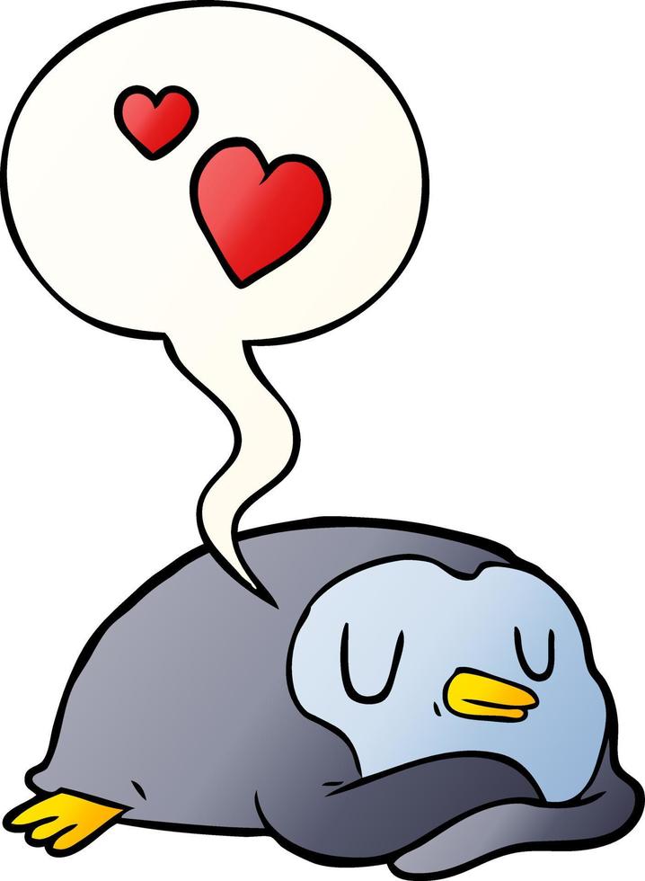 cartoon penguin and love hearts and speech bubble in smooth gradient style vector