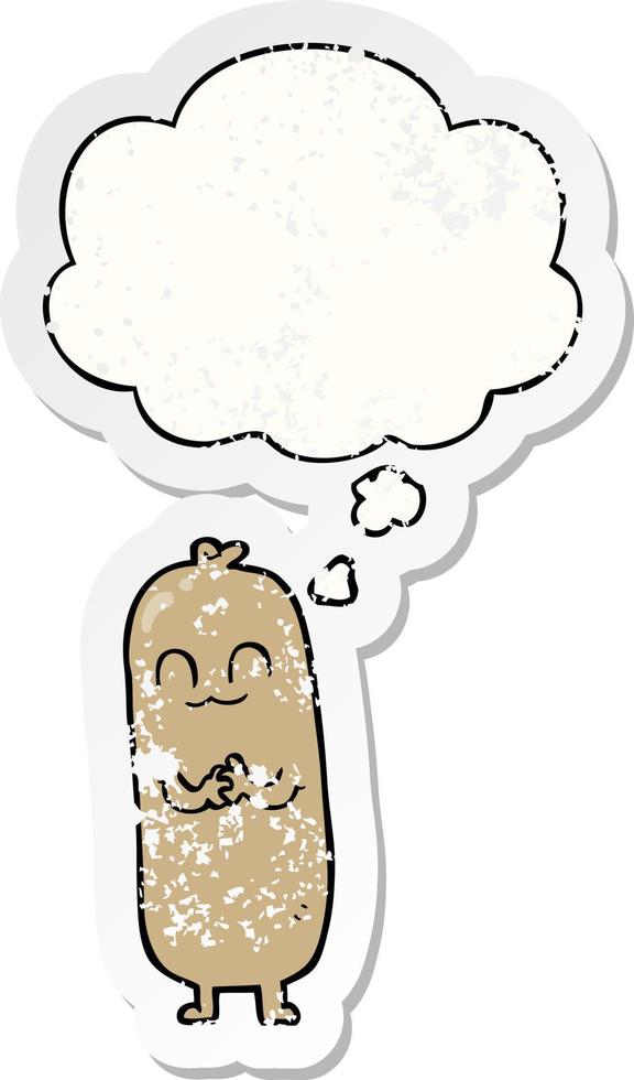 cartoon sausage and thought bubble as a distressed worn sticker vector