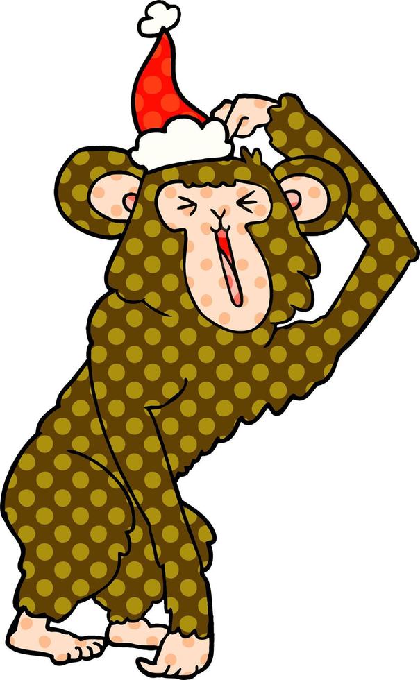 comic book style illustration of a chimp scratching head wearing santa hat vector