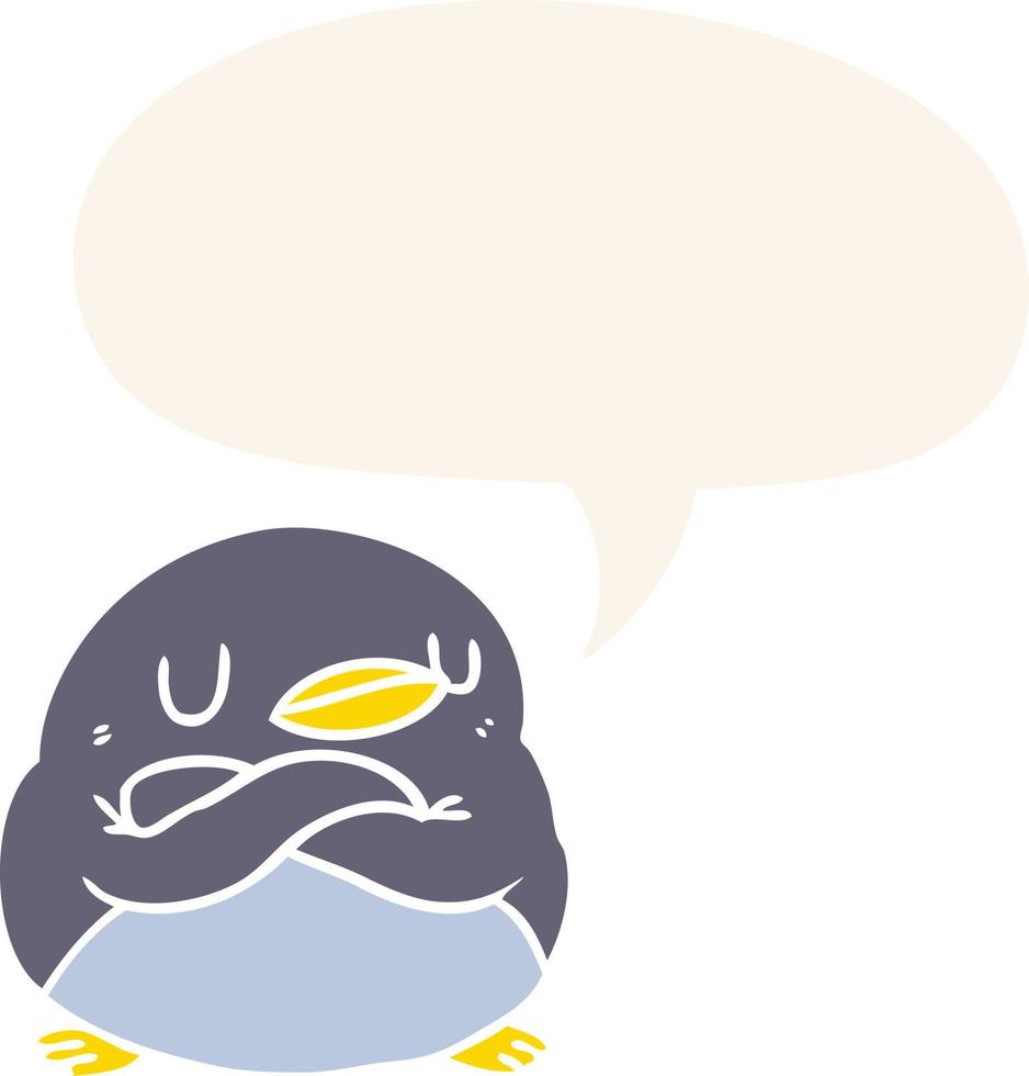 cartoon penguin and crossed arms and speech bubble in retro style vector