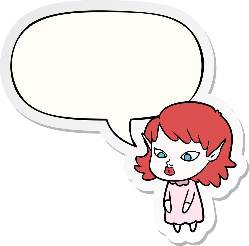 cartoon elf girl and pointy ears and speech bubble sticker vector