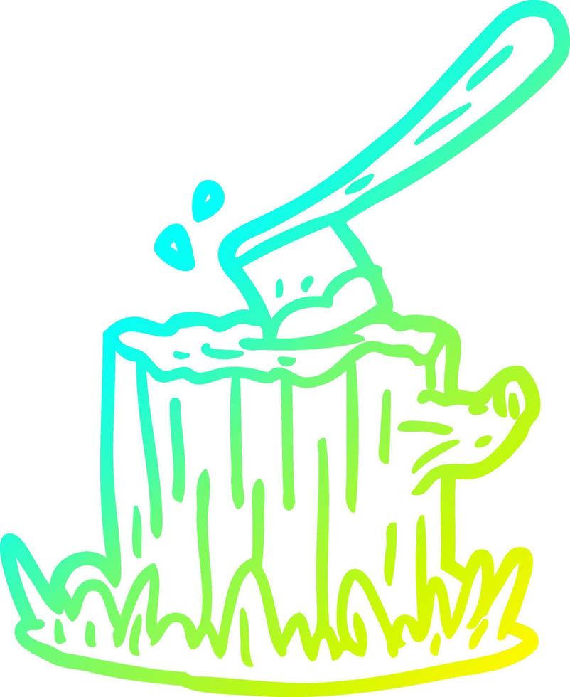 cold gradient line drawing axe stuck in tree stump vector