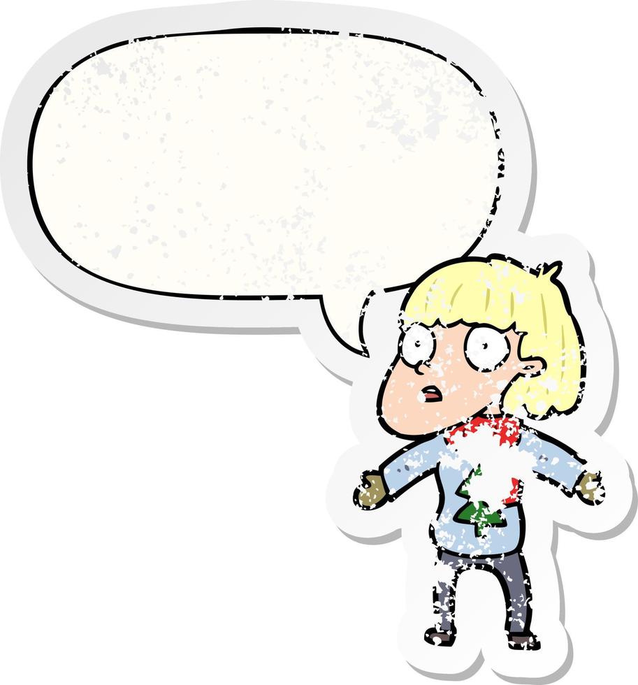 cartoon surprised christmas person and speech bubble distressed sticker vector