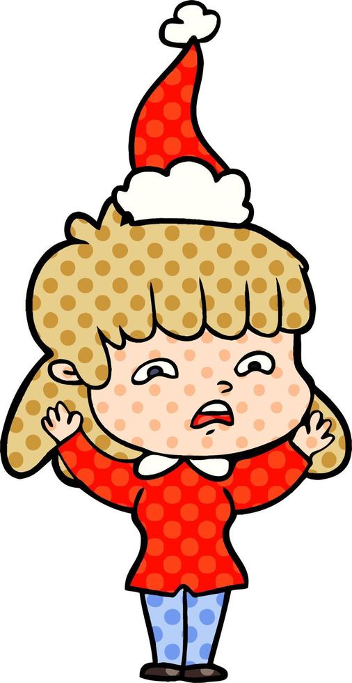 comic book style illustration of a worried woman wearing santa hat vector
